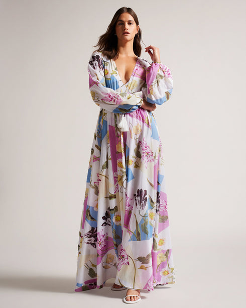 ROZLYN-Swimwear-Get ready to turn heads at the beach with the gorgeous ROZLYN cover-up. Our spliced floral print catches the eye, while the deep V-neck and floaty silhouette bring plenty of elegance. With long sleeves and a gathered waist with tassels, this cover-up is both stylish and comfortable. Bring on holiday season.By choosing Ted Baker cotton products, you're supporting our investment in the Better Cotton Initiative's mission. This product is sourced via a system of mass balance and therefore may no